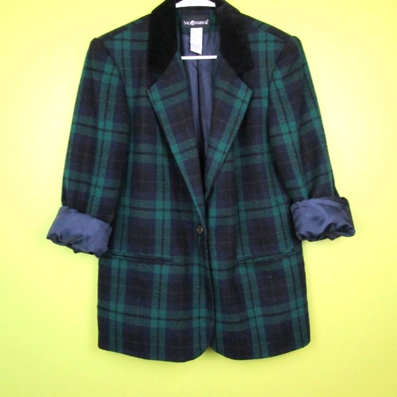 Vintage Jackets & Blazers - CLOSET CLOSING 80s Plaid Blazer Wool Dark Academia Clueless Green Navy M
